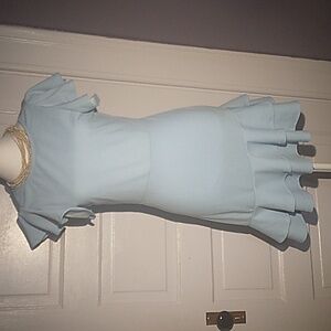 "SWdress" Flirty blue mini dress, ruffled sleeves and hem. w/ slight hi-lo lf/rt